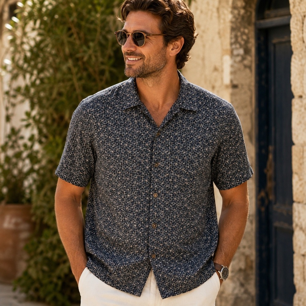 Nat Nast Mens Silk Blend Short Sleeve Button Down Shirt Navy Geometric XL